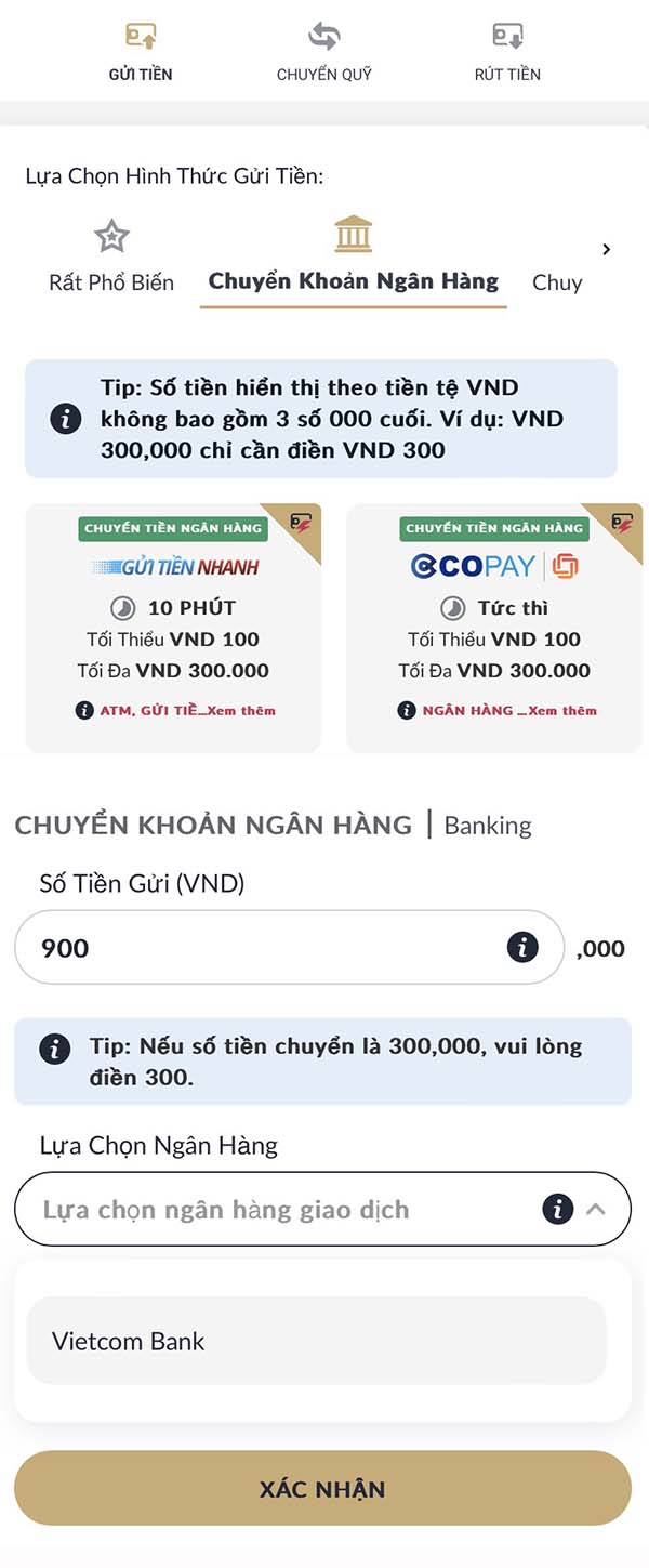 Hướng dẫn gửi tiền vào M88 bằng Internet Banking